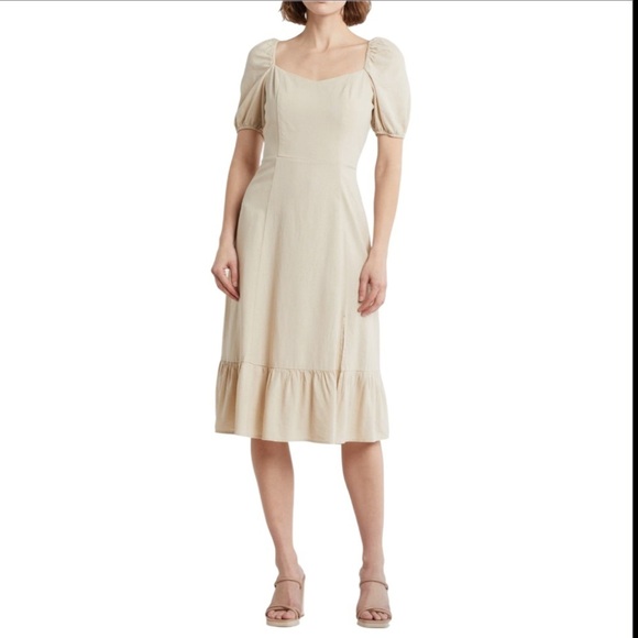 Ellen Tracy Sweetheart Neckline Balloon Sleeve Flounce Linen Midi Dress Sz Large - Picture 3 of 11
